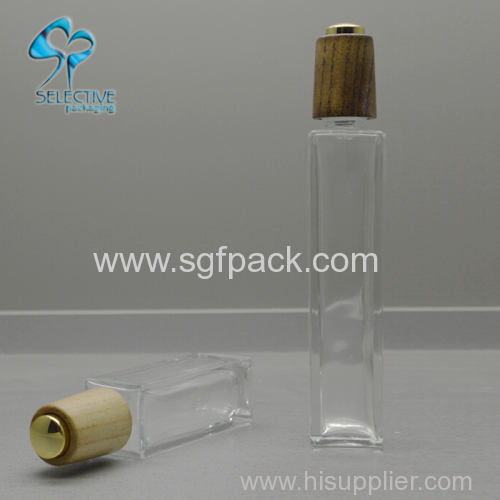 30ml square silm Clear empty essential oil packaging cosmetic square glass dropper bottle with wood lids