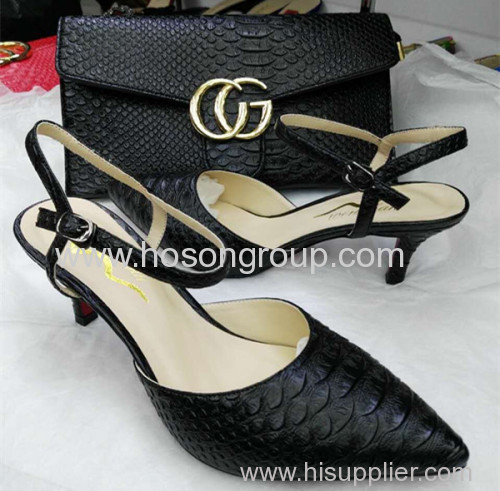 Dark Color Snake Pattern Women Shoes with Matching Purse