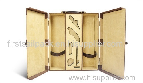 2 Bottles Wooden Wine Box Wood Wine Box\ PU Leather Wine Holder Stand With Logo & Handle