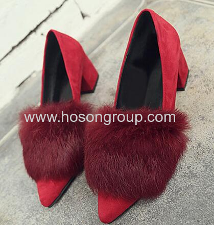 Ladies chunky heel pointy toe dress shoes with fur