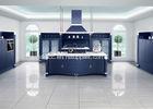 Frameless Blue European Style Kitchen Cabinets Raised Panel PVC Door U Shape