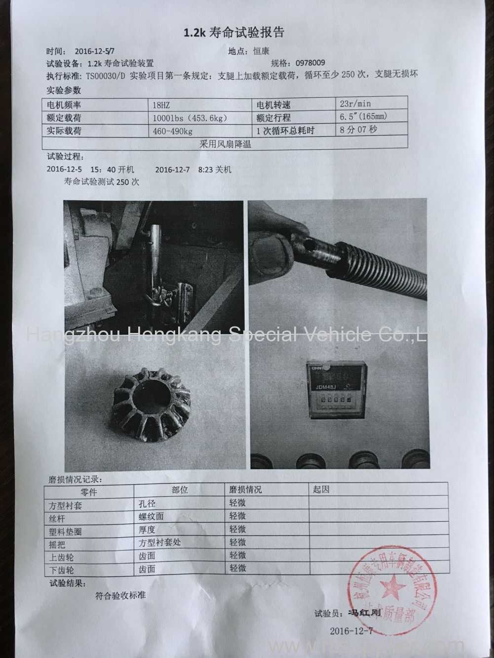 The test report of the 12k drop leg trailer jack