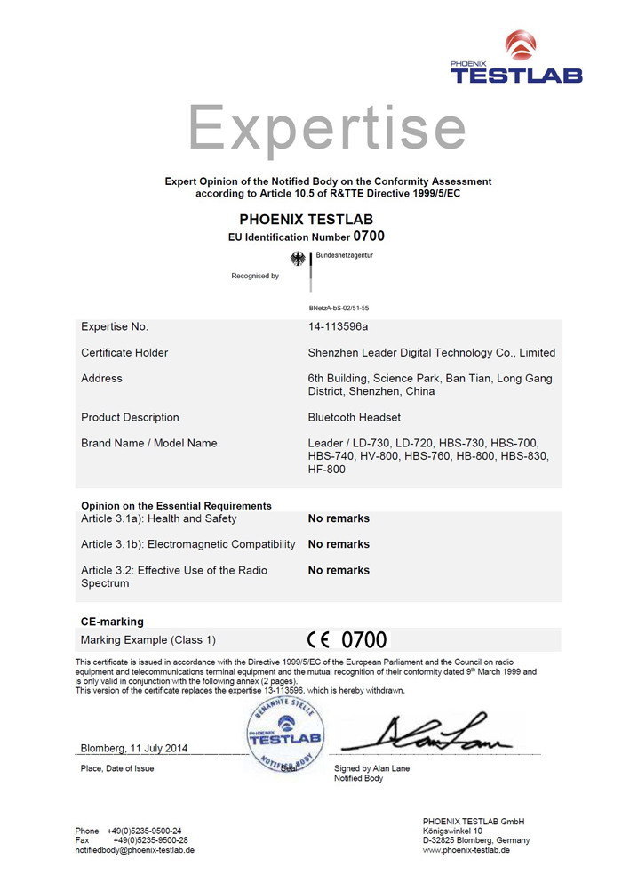 Phoenix Testlab CE certificate By Leader Industrial Co., Limited ( leaderbluetooth )
