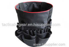 black barrel bag with many organizer compartments