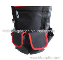 black barrel bag with many organizer compartments