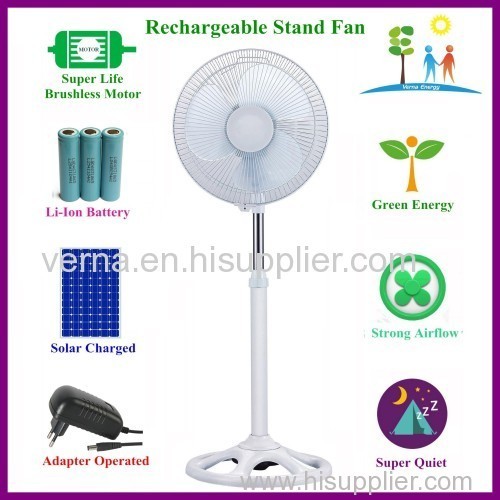 12" Solar Charged Rechageable Stand Fan with Lithium Battery and Brushless Motor