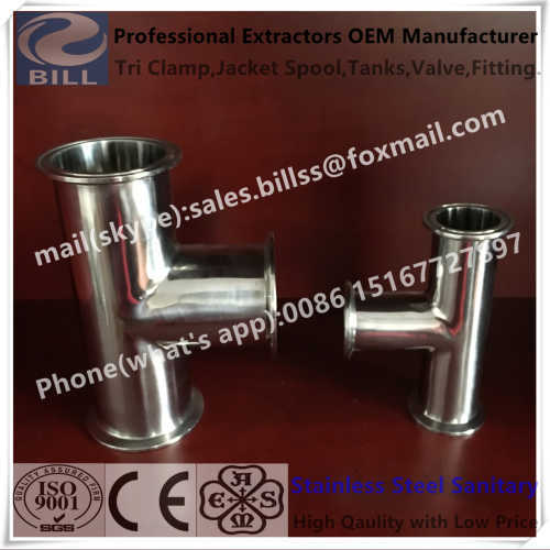 Sanitary Stainless Steel Tri Clamped Long Type Tee with mirror polished finished