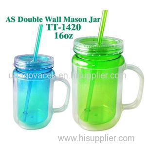 TT-1420 16OZ AS Clear Double Wall Juice Mason Jar With Handle And Straw Manufacturers