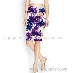 Summer New Women Knee-Length Skirt Palm Tree Print Elastic Waistband Printing Casual Straight Skirts