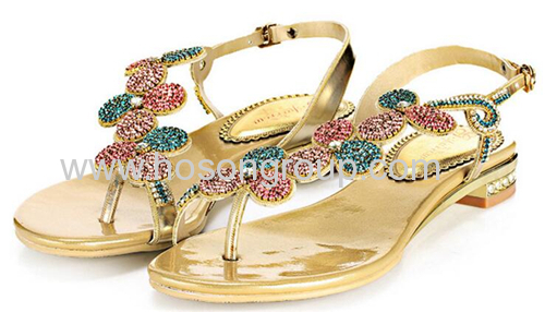 Clip on ladies rhinestone flat heel sandals