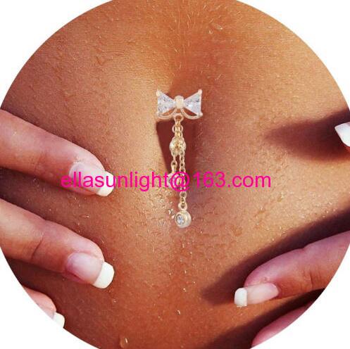 Reverse Belly Ring Dangle Clear Navel Bar Gold Body Jewelry Piercing