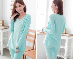 2015 100% cotton Lace patchwork long Nursing wear Breastfeeding clothes maternity Pajama Lounge spring and autumn