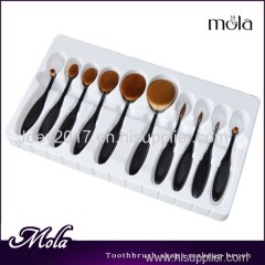 Foundation Cream Contour Powder Blush Concealer Professional 10 Pcs silver handler Soft Oval Toothbrush Makeup Brush Set