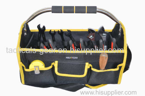 black and yellow tool bag with metal handle