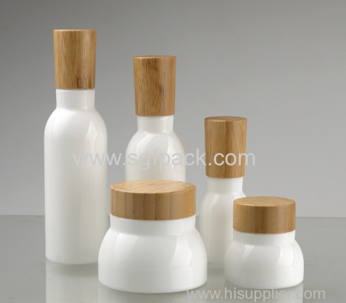 Opal glass lotion bottle and cream jar with bamboo cap