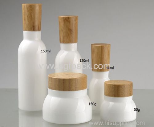 Opal glass lotion bottle and cream jar with wood lid
