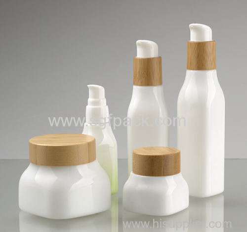 Smooth white opal glass square bottle and jar with bamboo cap