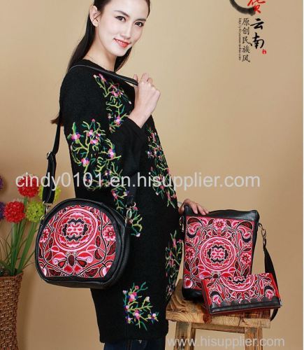 100% Natural Genuine Leather Women mesenger bag Satin Embroidery Tote Fashion Women shoulder Bags