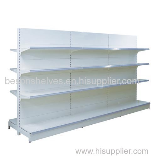 Supermarket gondola shelves with flat back panel