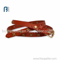 Red PU Belts With Porous And Metal Flowers