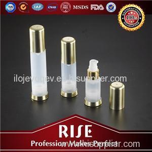 RISE ISO9001 High Quality Round Shaped Frosted Pp Airless Bottle 15ml With Shiny Gold Shoulder