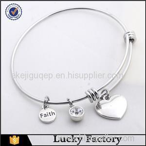 Simple Birthstone Expandable Bangle Bracelet With Faith Heart Charms For Wholesale
