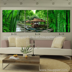 High Resolution Landscape Painting 3 Panel Bamboo House Living Room Wall Decorative Oil Painting on Canvas