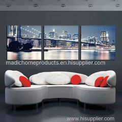 Landscape decorative painting 3 panel Brooklyn Bridge New York City night scene printed canvas oil painting for hotel