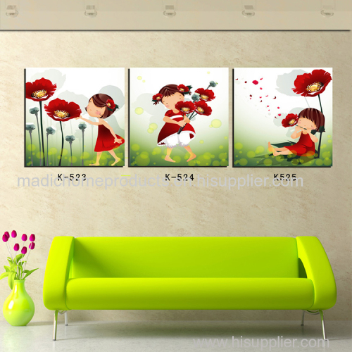 HD printed oil painting 3 panel kids room wall art cartoon girl and flower painting picture