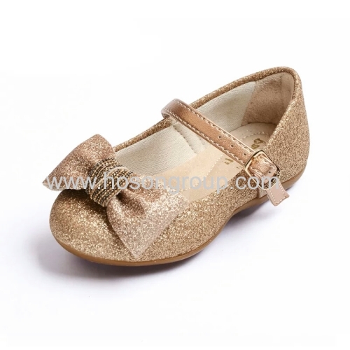 Gold shiny bowtie buckle kids shoes