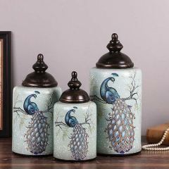 American Style Temple Jar With Peacock Motif Porcelain Decorative Storage