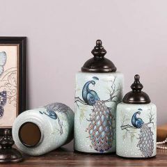 American Style Temple Jar With Peacock Motif Porcelain Decorative Storage