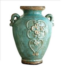 Turquoise Antique Rustic Style Double Handle Ceramic Flower Vase