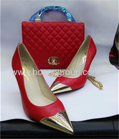 Gold metal toe high heel shoes and matching handbags