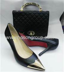 Gold metal toe high heel shoes and matching handbags