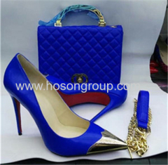 Gold metal toe high heel shoes and matching handbags