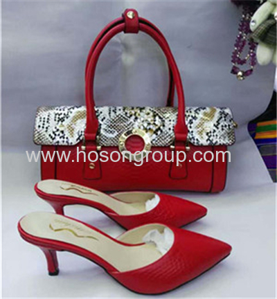 Red PU leather women slipper with matching handbag