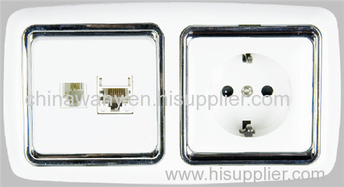 Flush type schuko socket with RJ11+RJ45 sliver frame