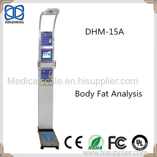 Ultrasonic coin operated height and weight machine with fat mass and body composition analysis