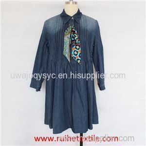 Women Collared Jean Shirt Dress Stylish Button Front Loose Denim Dress With Sleeves For Ladies