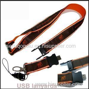 USB Buckle Woven Logo Satin Reflective Lanyard