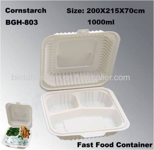 3 Compartments Biodegradable Cornstarch Disposable Square Fast Food Carry Out Container