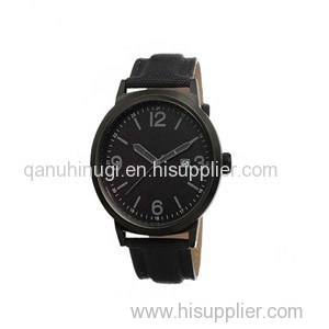 Mens Watches All Black Leather Strap Metal Quartz Mechanism Watch