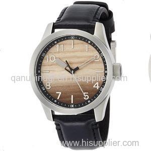 Brushed Stainless Steel Mens Black Leather Wood Dial German Watches Gents