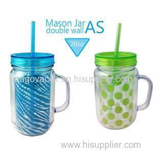 TT-1008 20OZ Reusable AS Double Wall Plastic Mason Jar With Handle And Lid Hot New Products For 2016 With PVC Insert