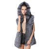 Womens Winter Genuine Fur Long Vests Zipper Closed Fur Sleeveless Overcoats Silver Fox Fur Waistcoats with Hood