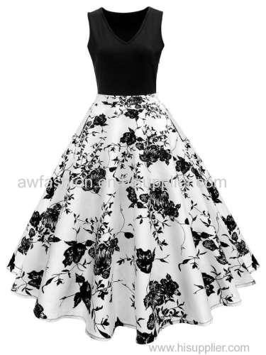 AW FASHION Vintage Print A Line High Waisted Dress