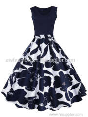 AW FASHION Vintage Print A Line High Waisted Dress