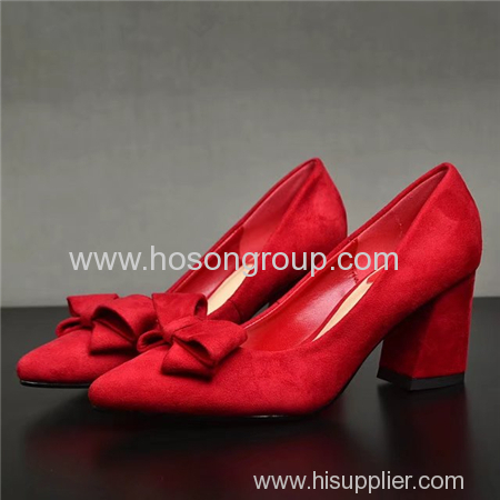 Suede bowtie chunky heel red wedding shoes