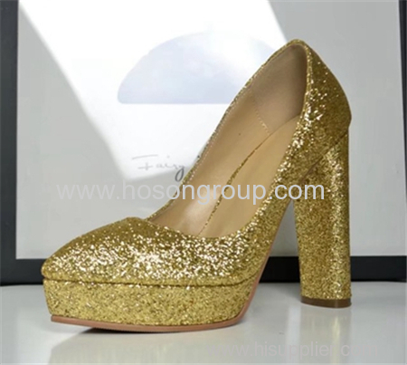 Chunky heel shiny glittering women dress shoes